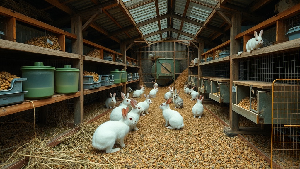 Domestic rabbit care — hutches, hay, pellets, grooming. cleaning, storage, and organization
